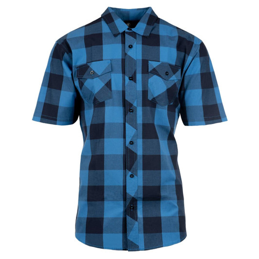 A short-sleeved blue plaid button-up shirt featuring a checkered pattern and a logo on the back.