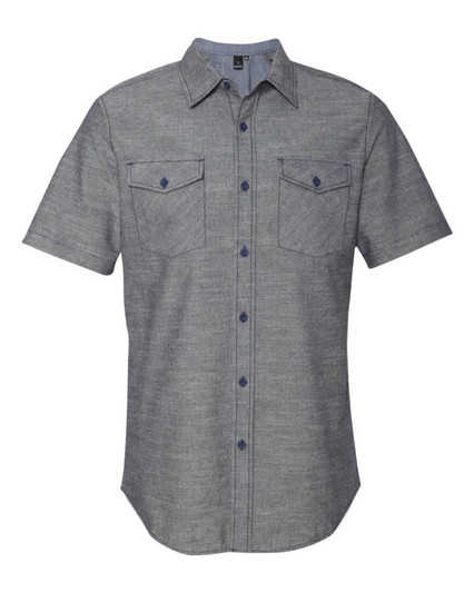 A short sleeve chambray shirt in grey with two chest pockets and a button-up design. Features logo branding.