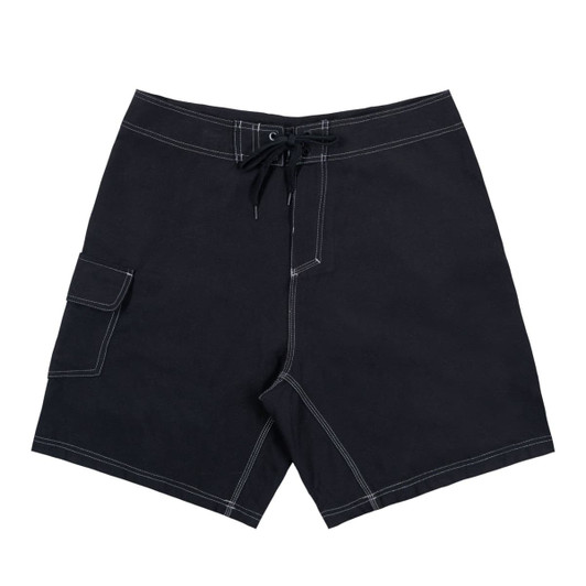 Men's solid black board shorts featuring side pockets and contrasting stitching, with a logo on the waistband.