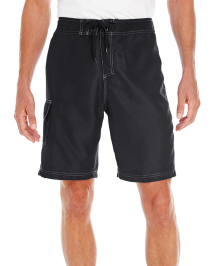 Black boardshorts with drawstring waist and side pocket, featuring contrasting stitching. Suitable for casual wear.