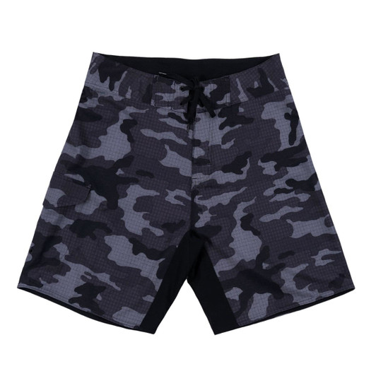 4-way stretch dobby boardshorts in grey and black camouflage pattern, featuring a drawstring waistband and a logo.