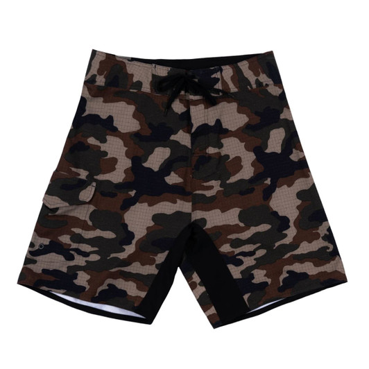 4-Way stretch boardshorts in a camouflage pattern featuring brown, black, and taupe colours with a logo on the waistband.