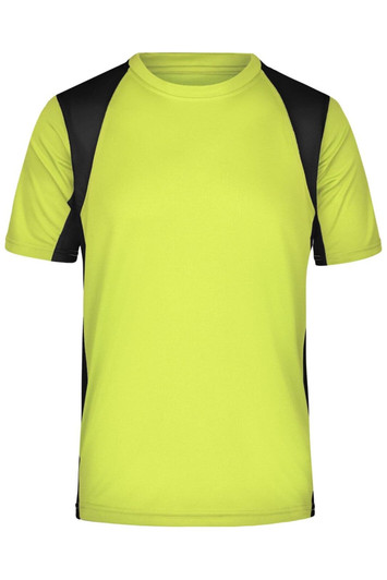 A men's T-shirt in fluoro yellow with black accents, featuring a logo on the fabric.