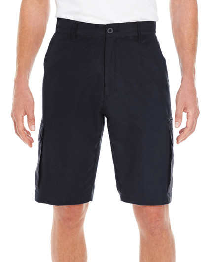 Men's cargo shorts in navy, featuring multiple pockets and a sleek side profile. Includes branding.