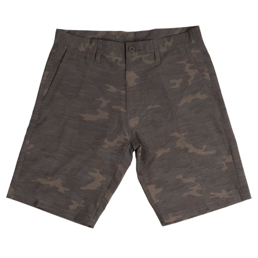 Coated dual function shorts in a camouflage pattern, featuring a button and zip closure, and a branded tag.