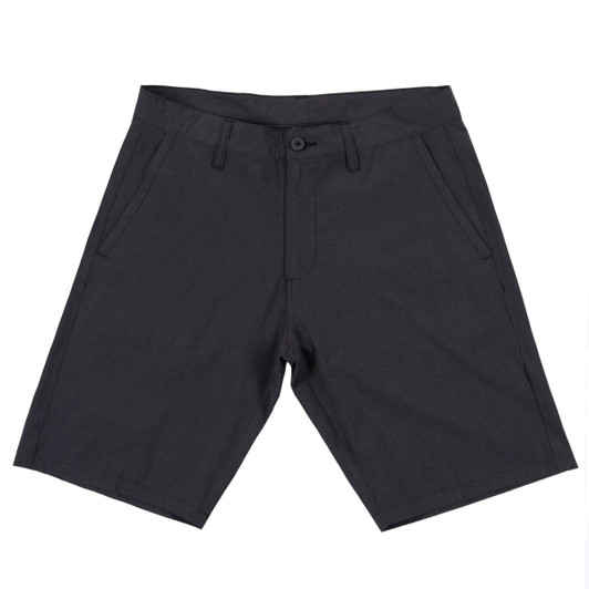 Coated dual function shorts in a dark colour with a classic design, featuring pockets and a button closure.