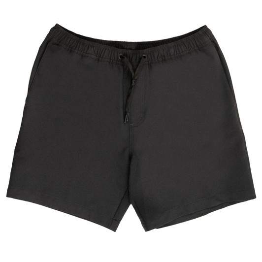 Black sports shorts with an elastic waistband and drawstring, featuring a logo.