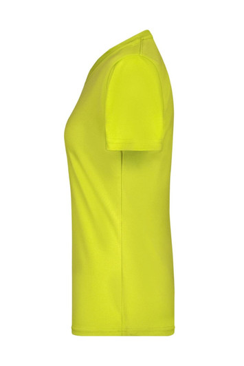 A side view of a ladies' T-shirt in bright yellow, featuring a crew neck and short sleeves. It has a logo.