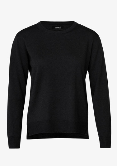 A black knitted jumper featuring a crew neck and long sleeves, with a branding logo on the label.