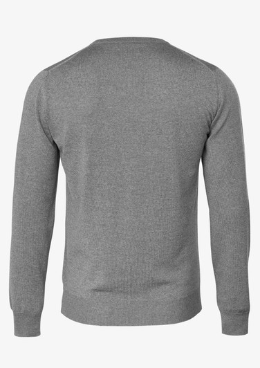 A grey knitted jumper with long sleeves and a crew neck, featuring a logo on the back.
