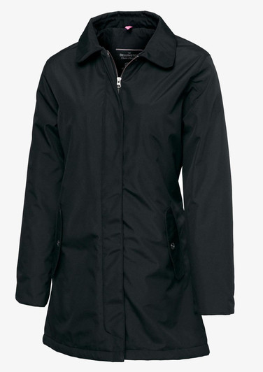 A black Bellington women’s jacket with a zip front and side pockets, featuring a collar and long sleeves.