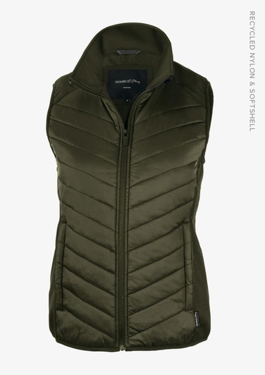 An olive green women's vest with a zippered front, featuring a quilted design and a logo on the chest.