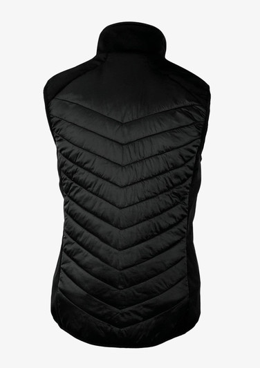 A black women's vest featuring a chevron quilted design and a high collar, with a logo on the fabric.