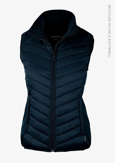 A navy blue women's vest with a zip front and quilted design, featuring a logo on the side.