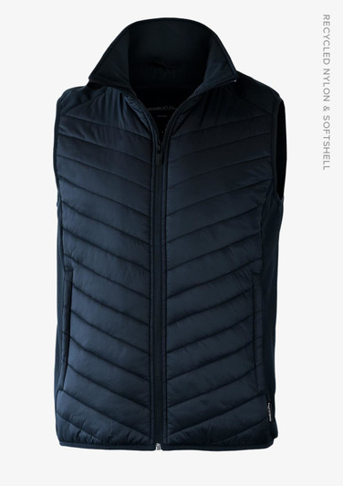 A dark blue, quilted men's vest with a high collar and front zipper, featuring a logo on the side.