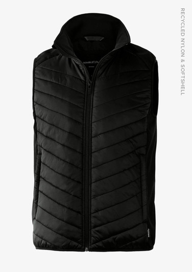 A black quilted vest with a hood, made from recycled nylon and softshell fabric, featuring a front zip.