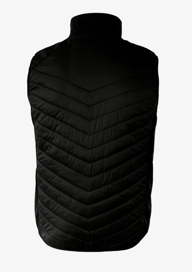 A black vest with a quilted chevron pattern, featuring a high collar and no sleeves.