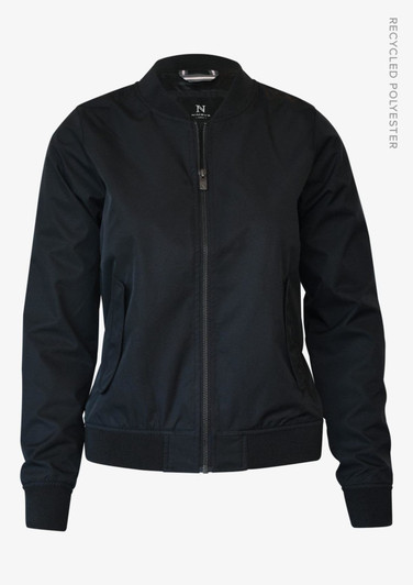 A black women's jacket featuring a zip front and ribbed cuffs, made from recycled polyester. It has a logo on the tag.