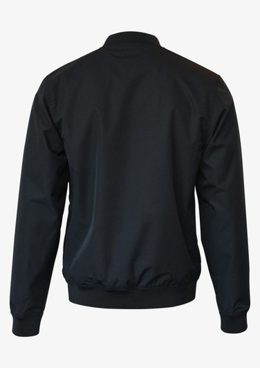 A black men's jacket with a zip-up front and ribbed cuffs, featuring a logo on the back.
