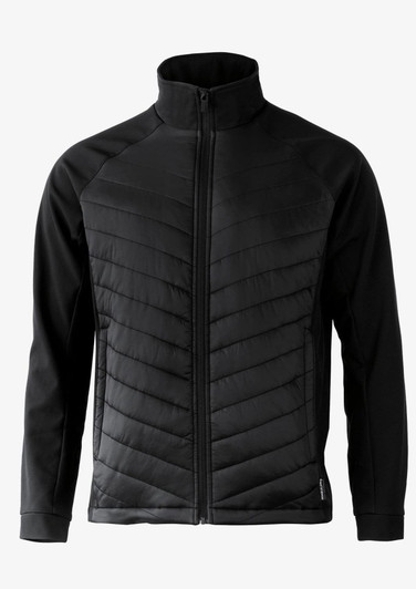 A black soft shell jacket with a high collar and quilted pattern, featuring a logo on the lower part.