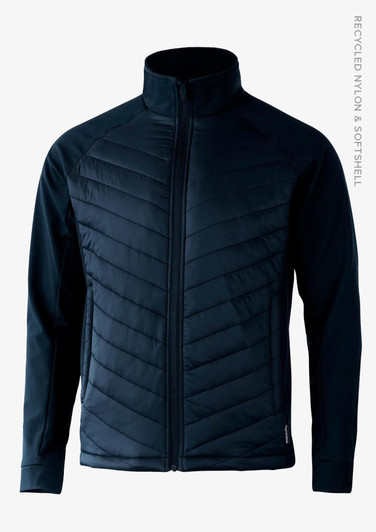 A dark navy soft shell jacket with a zip front, featuring a quilted design and a logo.