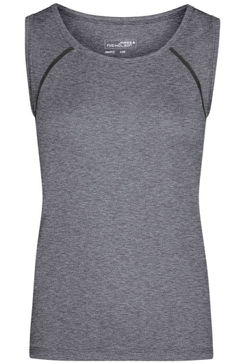 A grey ladies sports tank top with a fitted design and a logo on the front.