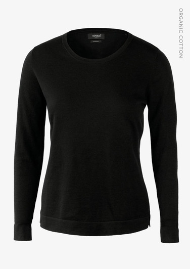 A black knitted jumper with a round neckline and long sleeves, made from organic cotton. It features a branding label.