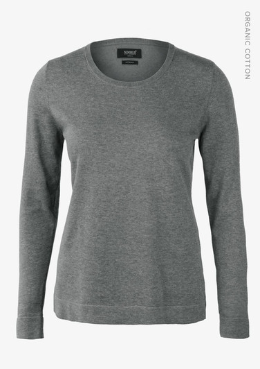 A grey knitted jumper with a round neckline and long sleeves, featuring a logo at the neck.