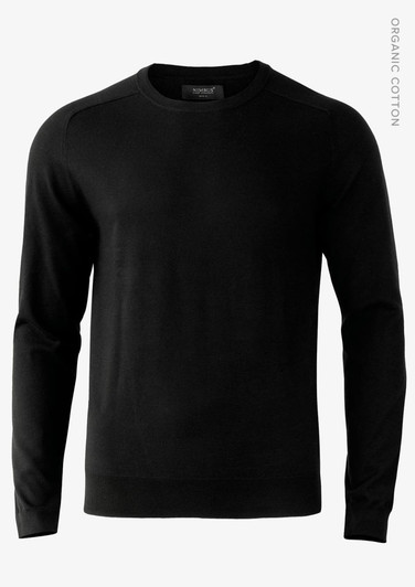 A black knitwear jumper with long sleeves and a round neckline. It features a logo on the label.