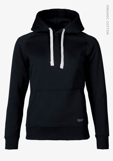 A black hoodie with a front pocket and a drawstring hood, featuring a logo on the lower side.