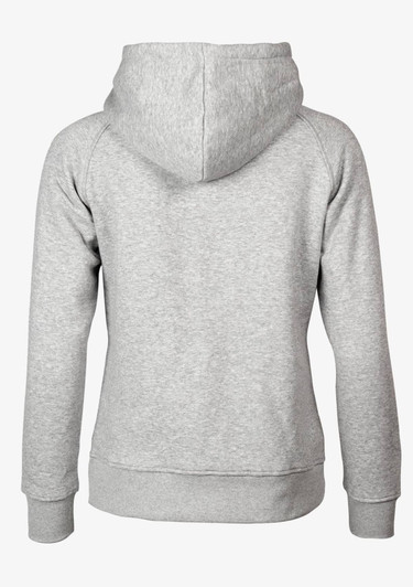 A grey women's hoodie with a back view, featuring a hood and a simple design. Includes a logo.