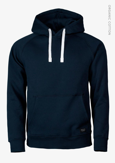 A navy hoodie with a front pocket, drawstring hood, and contrasting white drawstrings. It features a logo on the hem.