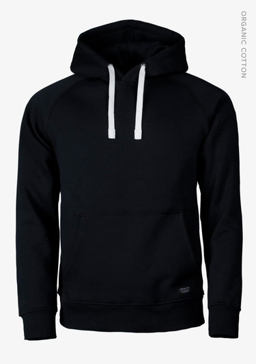 A black hoodie featuring a front pouch pocket and white drawstrings. The hoodie has a logo on the hem.