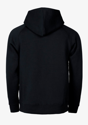 A black hoodie featuring a hood and long sleeves, showcasing a simple design on the back.