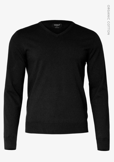 A black V-neck men's jumper made from organic cotton, featuring long sleeves and a fitted design. Includes a logo.