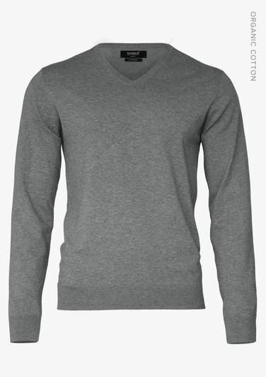 A grey V-neck men's jumper made from organic cotton, featuring long sleeves and a subtle logo.