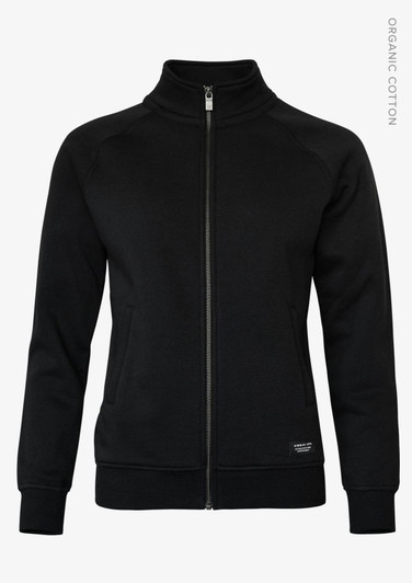 A black women's jacket with a zip front, featuring a stand-up collar and a logo on the lower front.