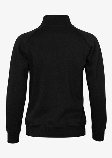 A black jacket featuring a high collar and raglan sleeves, with a branding logo on the back.