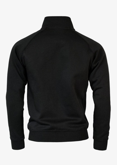 A black jacket with a high collar and raglan sleeves, featuring a plain design and a logo on the back.
