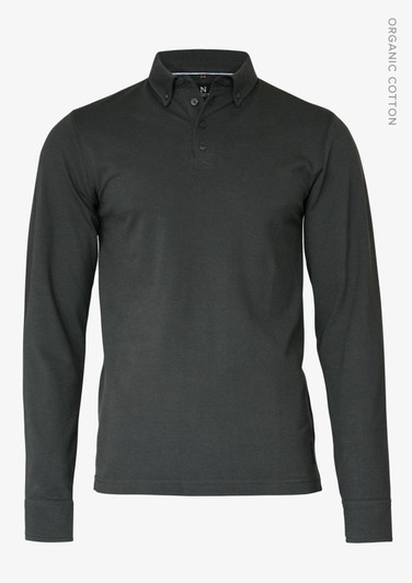 A dark grey long-sleeved polo shirt made from organic cotton, featuring a collar and a placket.