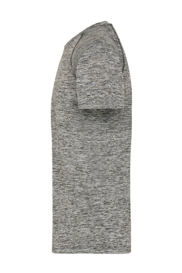 A grey men's sports T-shirt with short sleeves and a round neck, featuring a logo on the front.