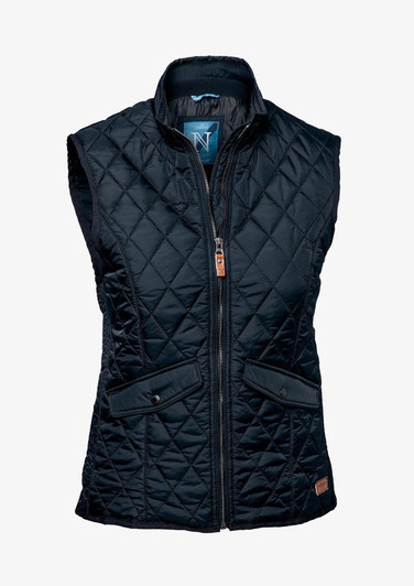 A navy blue quilted vest with a zip closure and two front pockets, featuring a logo on the upper left.