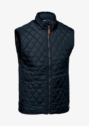A dark navy quilted men's vest with a front zipper and no sleeves, featuring a small logo.