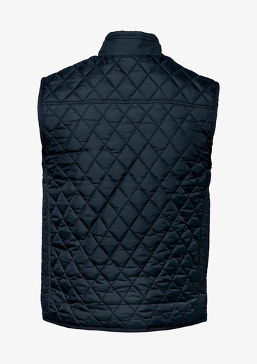 A navy, quilted men's vest with a high collar and a textured pattern on the back. Features a logo.