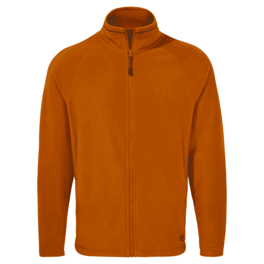 An orange fleece jacket, featuring a zip front and a collar, with a small logo at the bottom.