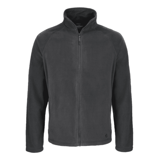 A grey fleece jacket with a zip front and high collar. The jacket features a logo on the lower side.