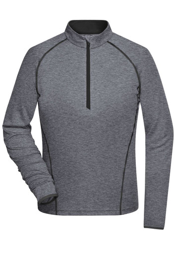 A grey women's sports shirt featuring a quarter zip and contrast stitching. Includes a logo on the garment.