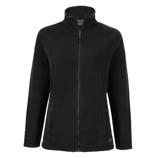 A black women's fleece jacket with a zip closure and two side pockets, featuring a logo.
