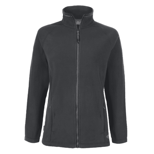 A polar fleece jacket in a dark grey colour with a zip front and side pockets, featuring a logo.