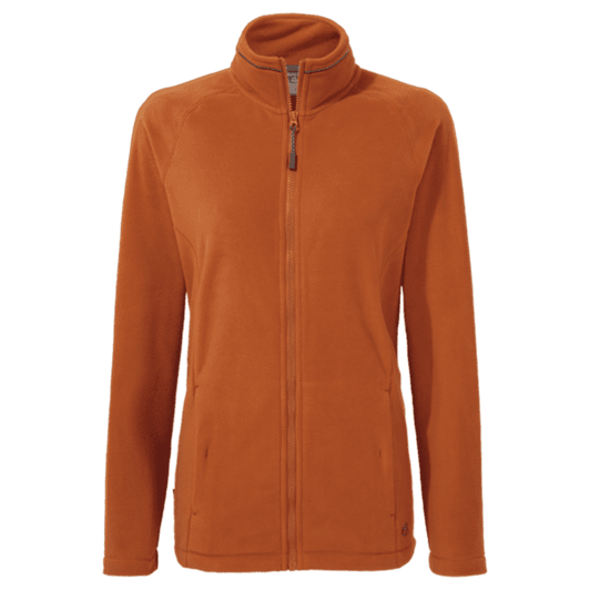 An orange women's fleece jacket with a high collar and zip closure. The jacket has a logo on it.